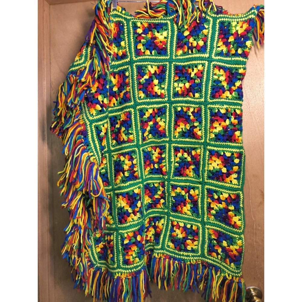 Handmade Granny Square Afghan Crochet Throw Blanket Fringe 3x5 Green Red Yellow‎